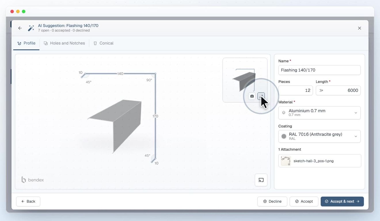 Bendex AI – 2D- und 3D-Profilansicht 2D- und 3D-Profilansicht